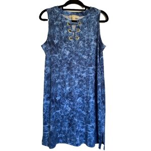 MICHAEL KORS Sleeveless Tie Dyed Denim Blue Lace Up Neck Tank Mini Dress Size L